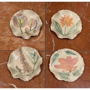 FOLK ART ARTISAN STUDIO BOTANICAL FLORAL POTTERY 2001 COASTERS SET 4 SIGNED EUC